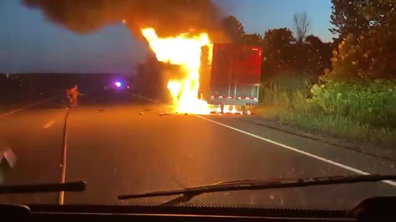 A tractor-trailer carrying 40,000 pounds of ribeye steaks caught fire in Phelps County on...