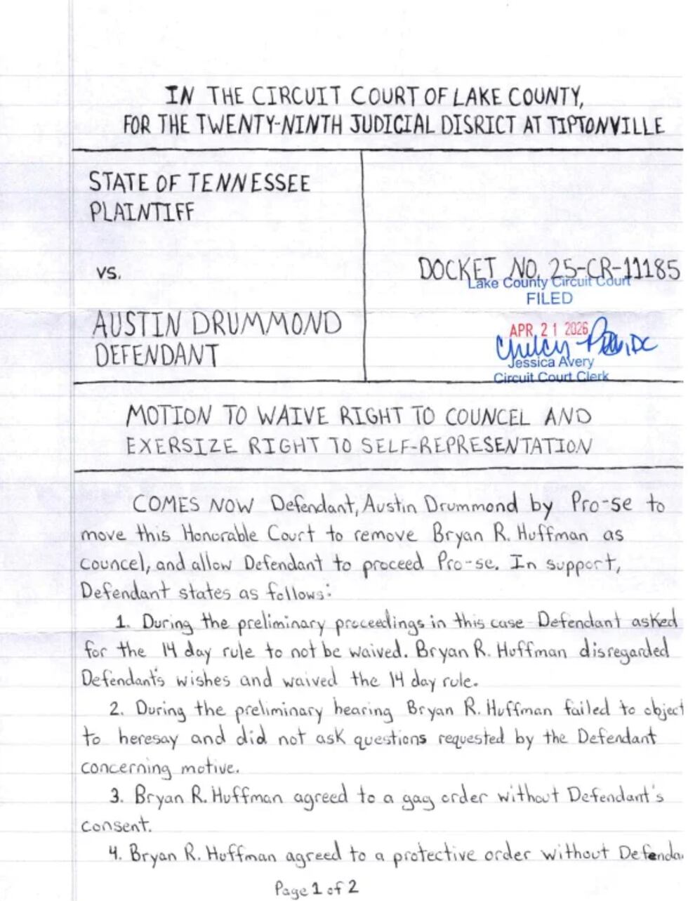 Austin Drummond's hand-written note