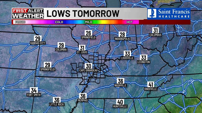 Regional low temperatures in the Heartland for 12/18.