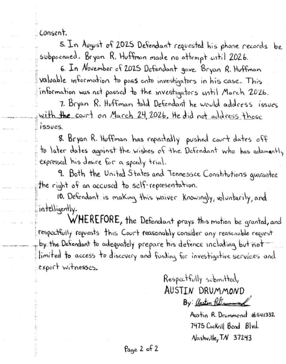 Austin Drummond's hand-written note